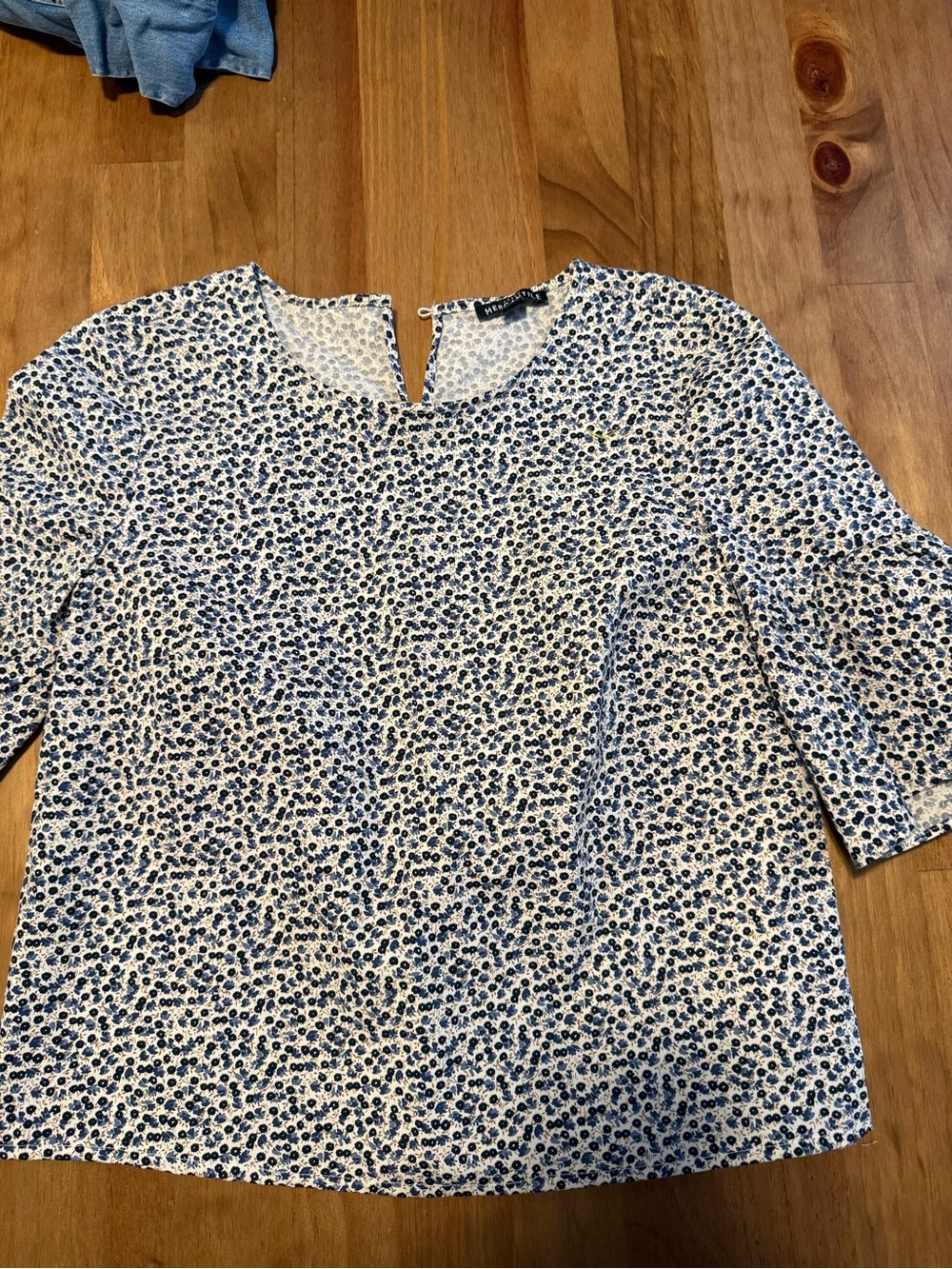 H&M White Blouse with Blue Ditsy Floral Print